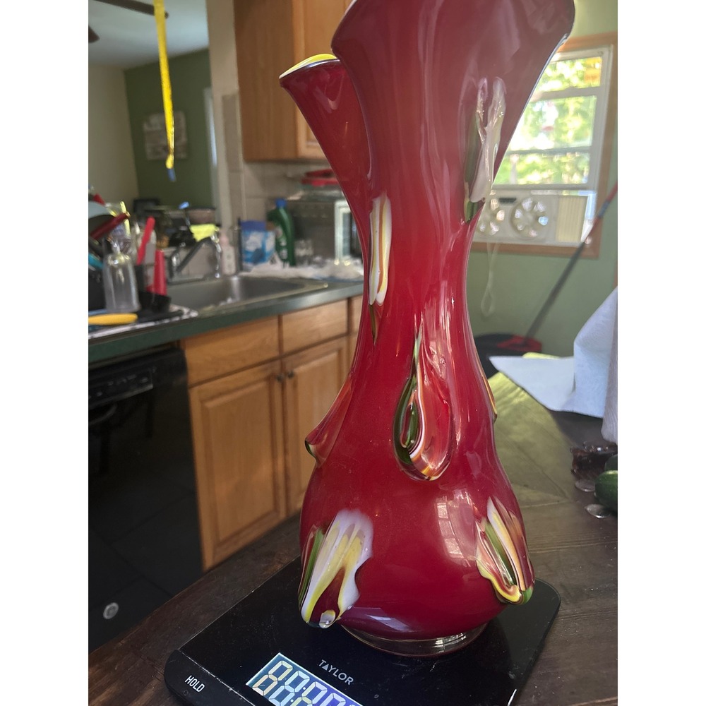 Murano Style Art Glass Vase Red Yellow Ruffled Rim Hand Blown Mid Century Modern